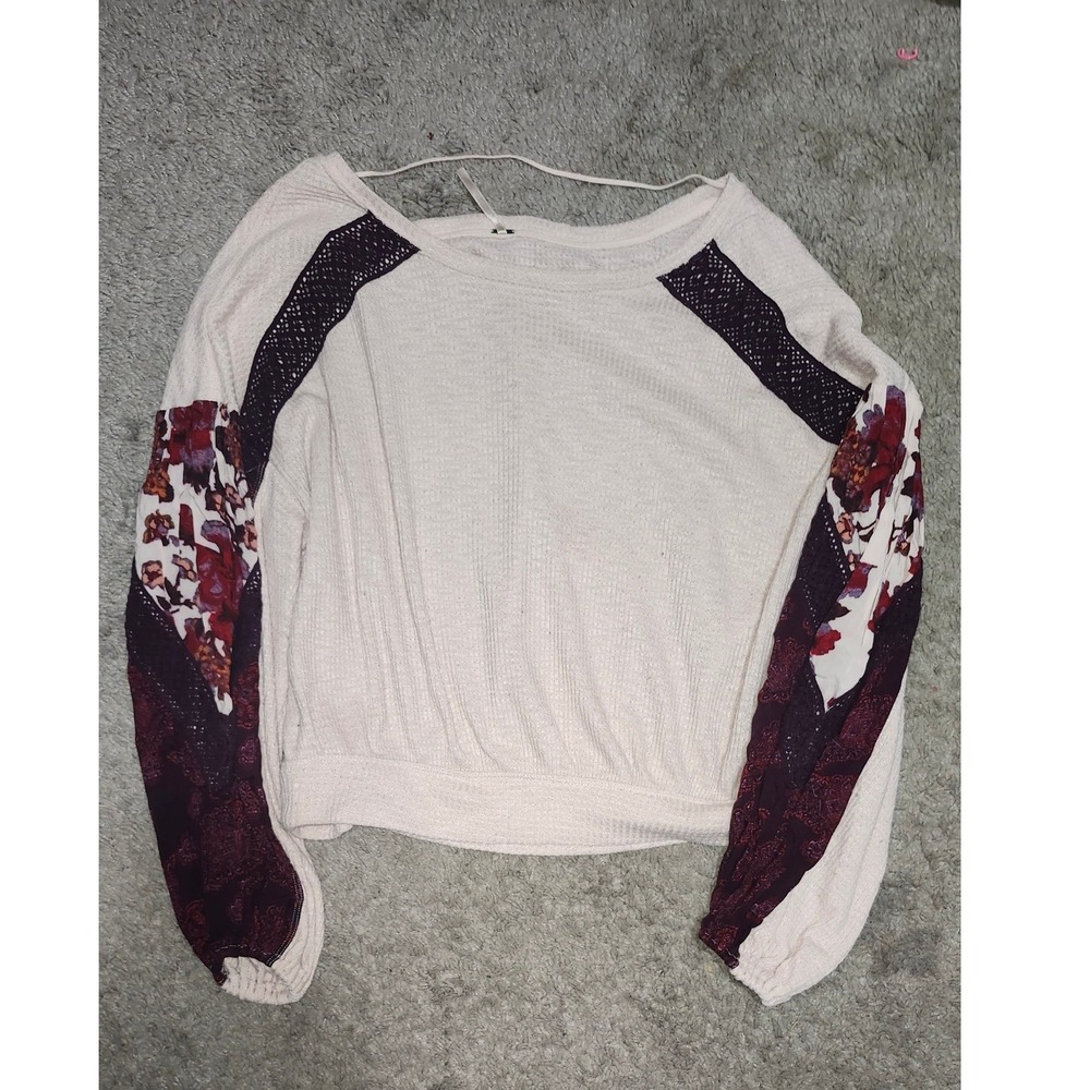 Free People Thermal Knit Mixed Media Floral Paisley Balloon Sleeve‎ Top Cream S